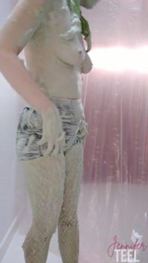Naughty Jennifer Wears Clown Makeup &amp; Pies Herself with Shaving Foam.