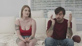 Natural Tittied Stepsister Disturbs Game with Blowjob