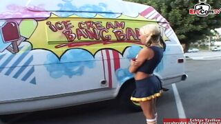 Thin blonde cheerleader barely legal pick up for sex into a vehicle