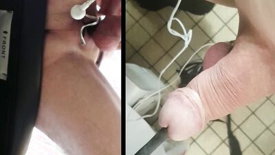 Electro-stimulation with big ball rod seen from above in zoom POV with ejaculation on camera