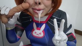 Trams girl with Dva Cosplay and BDSM Nosehook Giving a Blowjob, Eating Cum and Deepthroat to Big Dil