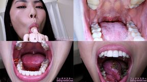 Tomomi Okanishi - Showing inside cute girl's mouth, chewing gummy candys, sucking fingers, licking and sucking human doll, and chewing dried sardines - MOV