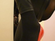Fuchsia Doll horny in black leather, black pantyhose, red high heels and black lace gloves