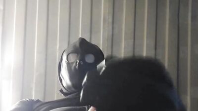 Close-up homemade video of masked dude stroking his prick