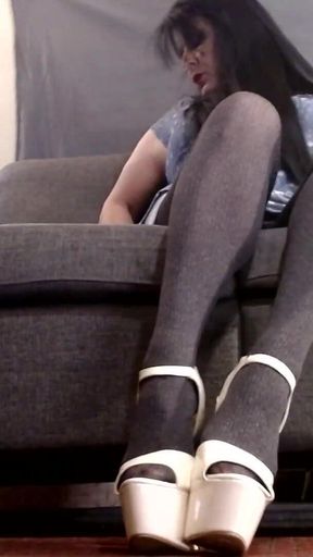 Pantyhose Crossed Legs White Stipper Heels Pumps