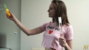 Whore Vika Masturbates in Yellow Pantyhose and Blows Soap Bubbles