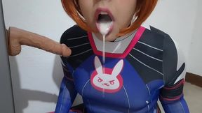 extended cut: trans girl with dva cosplay and bdsm nosehook giving a blowjob, eating cum and deepthroat to big dildo