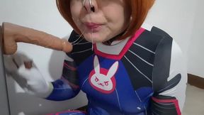 extended cut: trans girl with dva cosplay and bdsm nosehook giving a blowjob, eating cum and deepthroat to big dildo