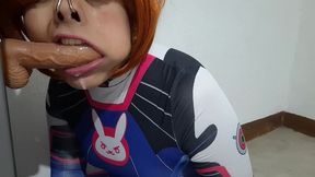 extended cut: trans girl with dva cosplay and bdsm nosehook giving a blowjob, eating cum and deepthroat to big dildo