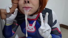 extended cut: trans girl with dva cosplay and bdsm nosehook giving a blowjob, eating cum and deepthroat to big dildo