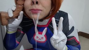 extended cut: trans girl with dva cosplay and bdsm nosehook giving a blowjob, eating cum and deepthroat to big dildo