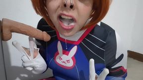 extended cut: trans girl with dva cosplay and bdsm nosehook giving a blowjob, eating cum and deepthroat to big dildo