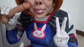 extended cut: trans girl with dva cosplay and bdsm nosehook giving a blowjob, eating cum and deepthroat to big dildo