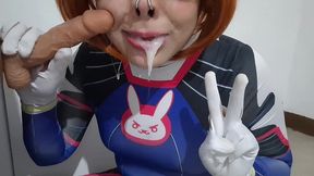 extended cut: trans girl with dva cosplay and bdsm nosehook giving a blowjob, eating cum and deepthroat to big dildo