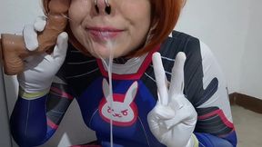 extended cut: trans girl with dva cosplay and bdsm nosehook giving a blowjob, eating cum and deepthroat to big dildo