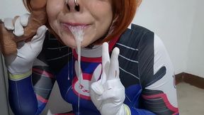 extended cut: trans girl with dva cosplay and bdsm nosehook giving a blowjob, eating cum and deepthroat to big dildo