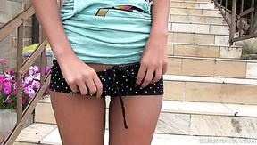 Fabulous all natural blonde babe flashes her breasts on the stairs