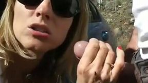Wondrous blond haired bitch in sunglasses rides gear shift like a pro