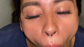 Skinny rich office lady grabs her pussy licked and sucked for cash