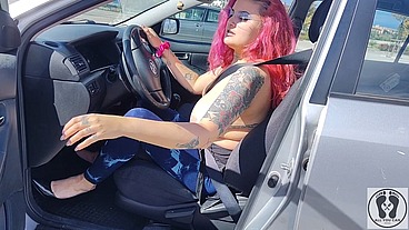 CAR PEDAL PUMPING FETISH BIG TITS TOP LESS HIGH HEELS