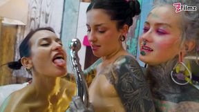 Slippery Synth Oily Lesbian Metal Toy Threesome