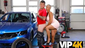 Blond bombshell ravishes rugged toolhead's toolbox, engulfing gigantic hooter's in scorching succulence