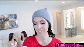 Young lesbian fucked hard with strap-on in naughty threesome