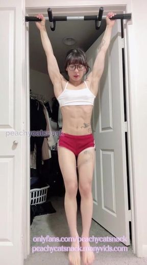 Asian muscle girl with six pack abs has her clothes disappear in the middle of each exercise