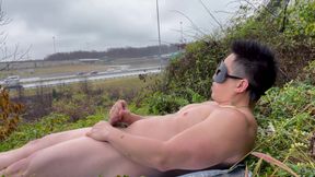 Rain-soaked Muscle God: Nude Highway Flex &amp; Explosive Cum Blast