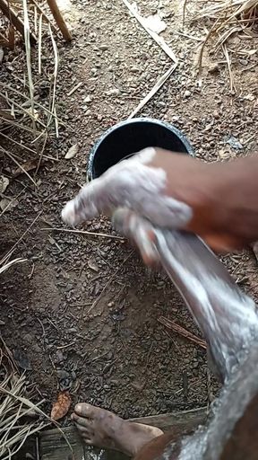 A boy masturbating inside his bathroom with soap