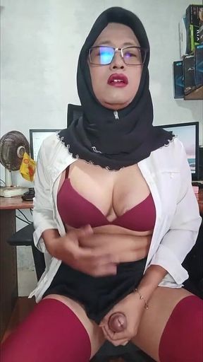 Asian Ladyboy with Hijab Masturbates