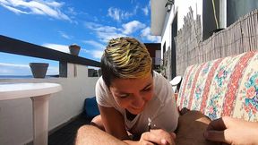 Outdoor blowjob and swallow on the terrace