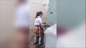 Stepdad and his young student stepdaughter washing