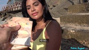 Brunette beach babe gets fucked in public then private