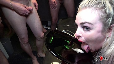 Blonde pick up dragged into home creampie gangbang orgy