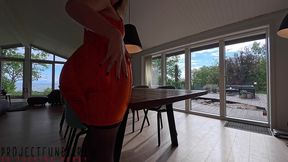 sexy curvy lady in orange bodycon dress and stockings filled missionary with fresh cum - projectfundiary