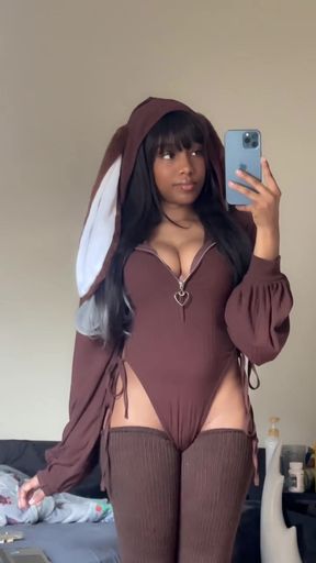 Bunny hoodie barely zipping over these curves, anime conventions