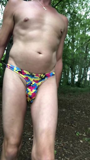 in a thong on the public barbecue area, risky