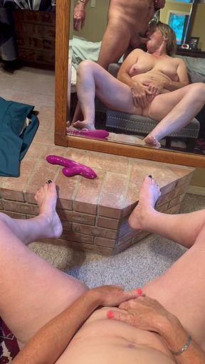 Milf Queen masturbates in the mirror with toy and then drains her Kings Balls