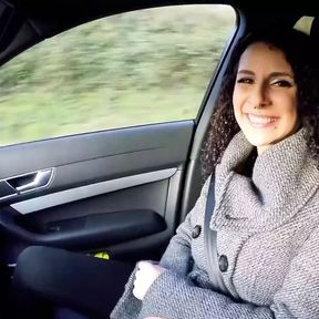 Stunning looking German babe riding a long rod in the car