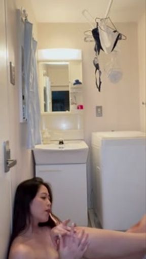 Japanese stripper stripped in the washroom.