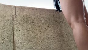 Sexy Hot Tight Shaved Pussy Petite Brunette Takes Her Panties off on the Balcony to Show What Is Under Her Short Skirt