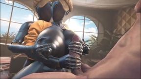 Robo duo jack off and use big boobies to help