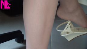Nyllady Putting on Pantyhose and Footplay with Milk Colored Wedges