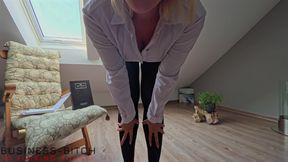Serious Business Woman Trying on Her New Luxury Pantyhoses for You - Business-bitch