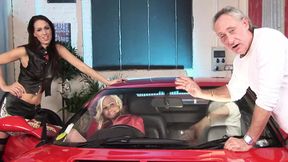 Demi Daniels and Tammie Lee ride in a red car then cuddle on a nearby red couch &mdash;  love fast cars and cumshots