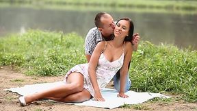 Outdoor fuck near lake with busty brunette