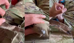 Horny soldier shoots thick creamy load through his military briefs onto unit patch