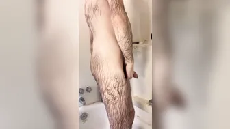 Thin white boy washing my highly wooly schlong, nutsack, and backside in the douche