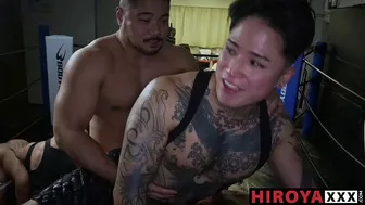 Hiroya and muscled buddies bareback Yoshi Kawasaki in wild gay orgy